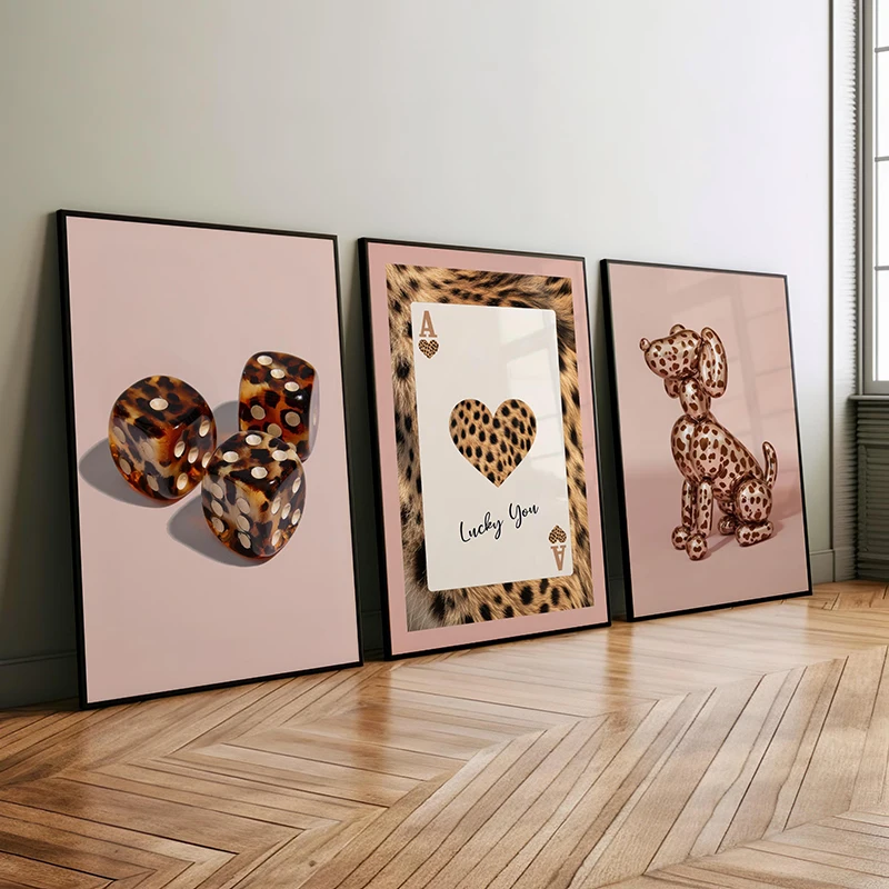 Leopard Print Lucky You Wall Art Poster Print Dice Ace Card Balloon Dog Canvas Painting Trendy Cheetah Picture for Room Decor