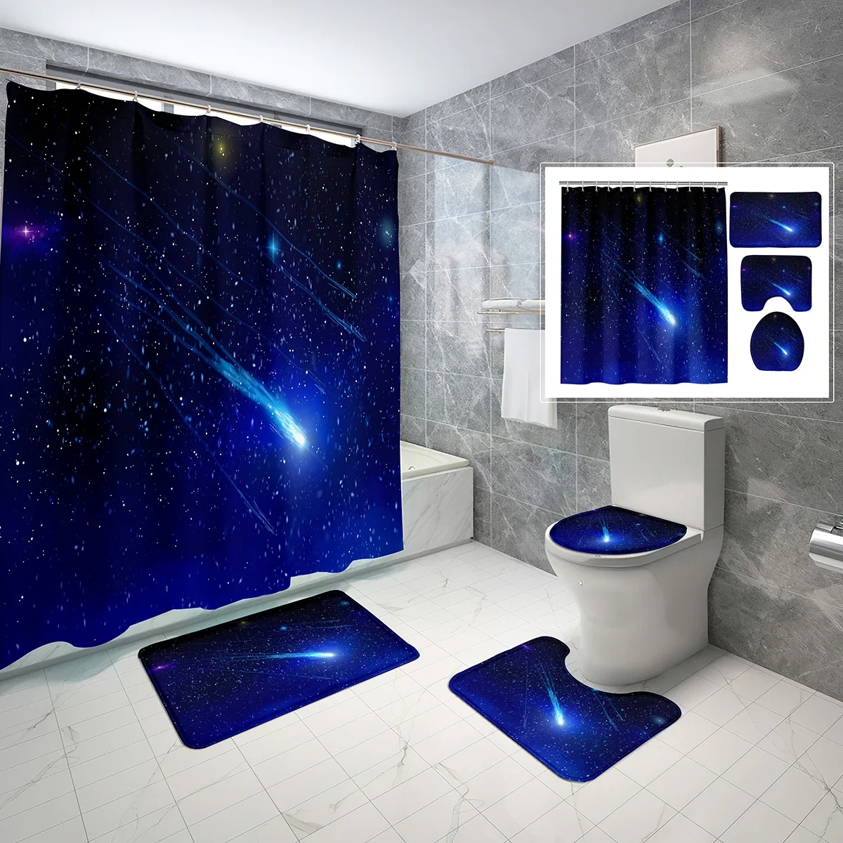 4 Pcs Star Theme Shower Curtain Sets Space Nebula Universe Planet Non-Slip Bath Mat Toilet Cover Waterproof Shower Curtain Set