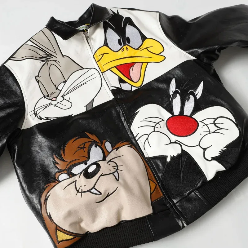 

HELLOMARCEL Top Quality EU US Size Embroidery Cartoon PU Leather Jacket Men Women Street Fashion Cotton Baseball Jacket Coat