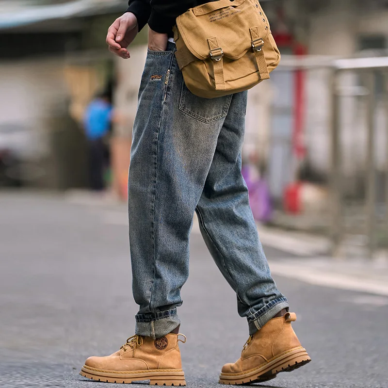 

American Vintage Casual Streetwear Distressed Washed Denim Jeans for Men Spring Autumn Loose Tapered Straight Pants Plus Size 40