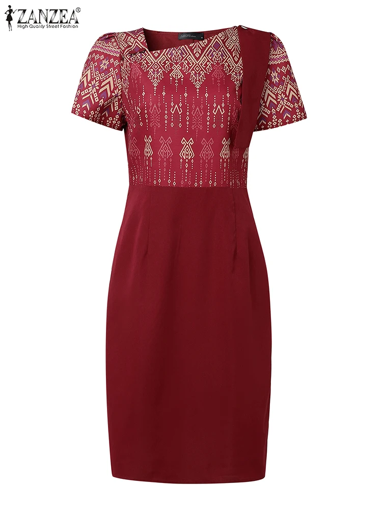 ZANZEA Abito da festa elegante da donna 2025 Abiti stampati alla moda Estate Manica a sbuffo Slim Fit Lavoro Vestito estivo Patchwork Abiti Robe
