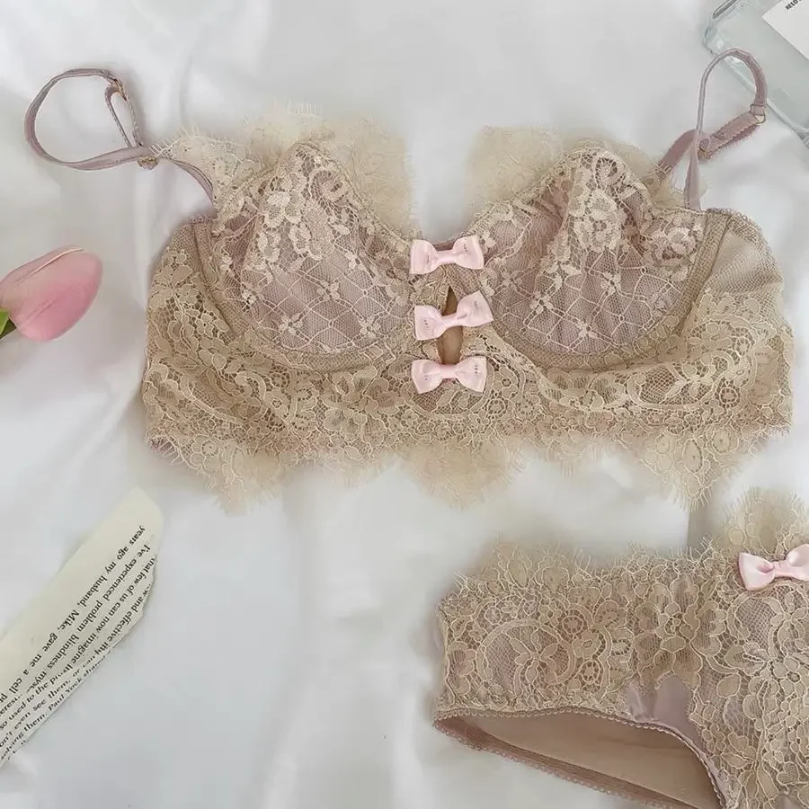 Conjunto Lingerie Sexy Renda, Mamas Pequenas, Sutiã fino, Lingerie reunida, Francês, Mamas Grandes, Verão