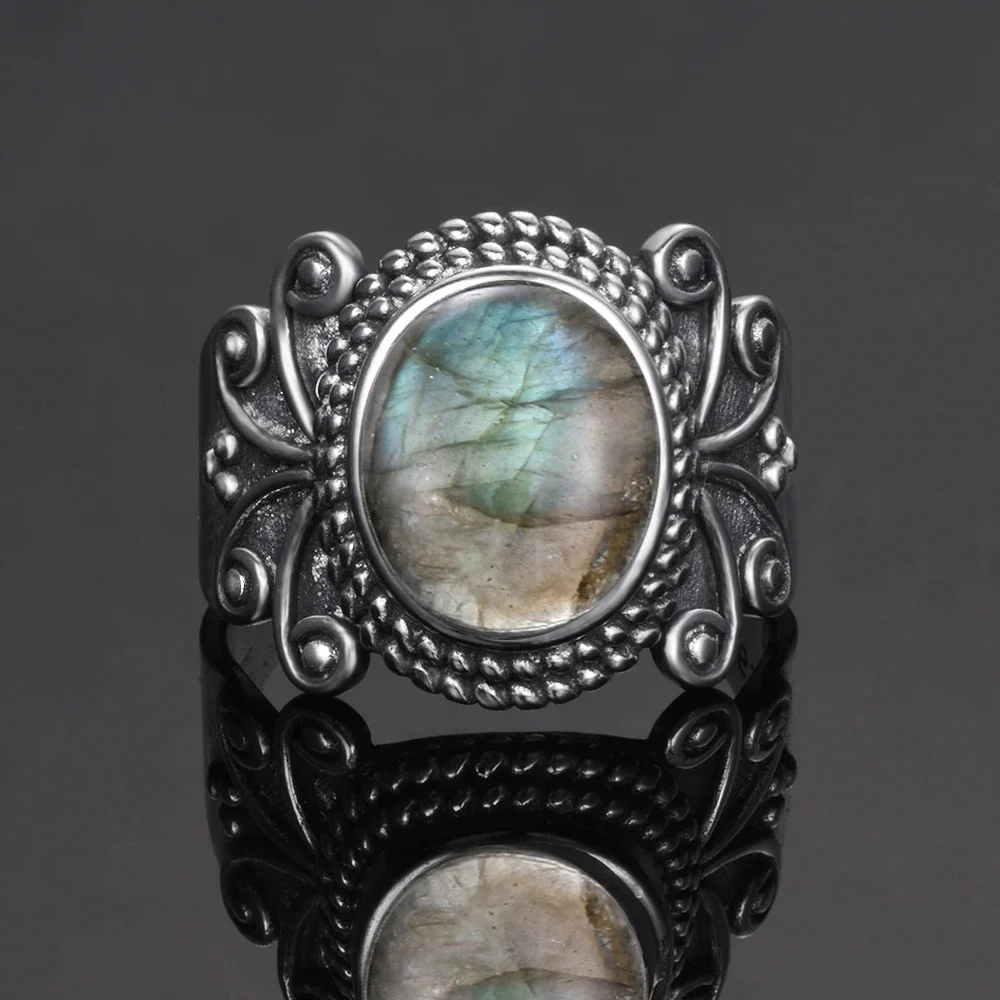 Silver Ring for Women Oval Round Natural Labradorite Ring Gift Sun Shaped Retro Luxury Fine Jewelry