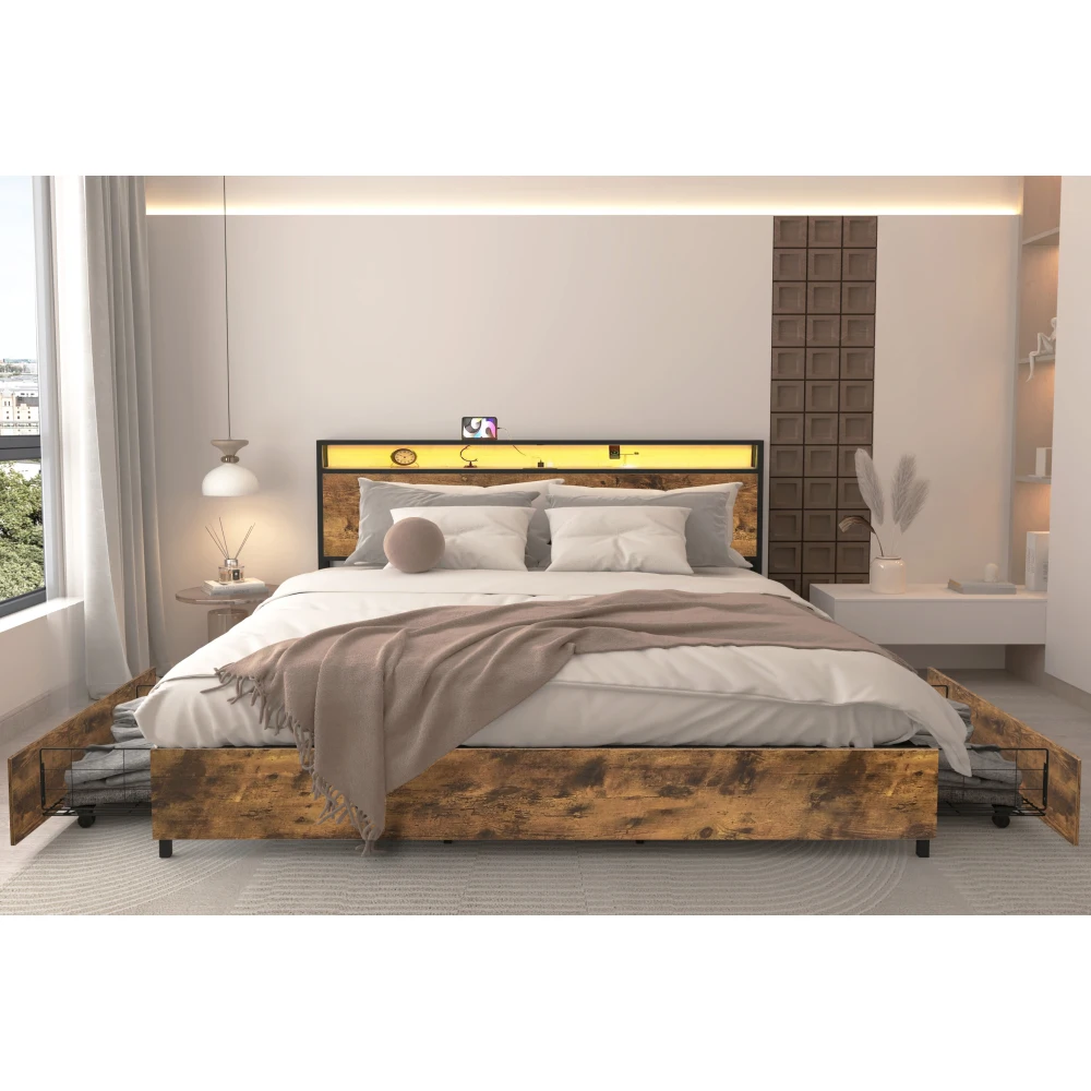 

Каркас двуспальной кровати, изголовье для хранения вещей с зарядной станцией, прочный и стабильный, бесшумный, коробчатая пружина не требуется, простая сборка