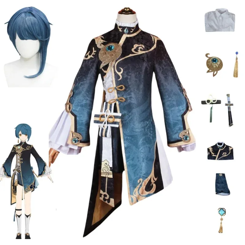 

XingQiu Cosplay Costume Anime Game Genshin Impact Xing Qiu Outfit Shoes Earrings Wig Cosplay Halloween Costume Women Clothes