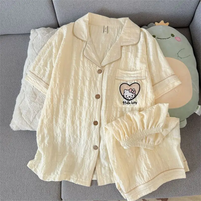 

Хлопковая ночная рубашка Sanrio Hello Kitty, женская милая пижама, летняя пижама с короткими рукавами и шортами, повседневная ночная одежда, домашняя одежда, комплект из 2 предметов