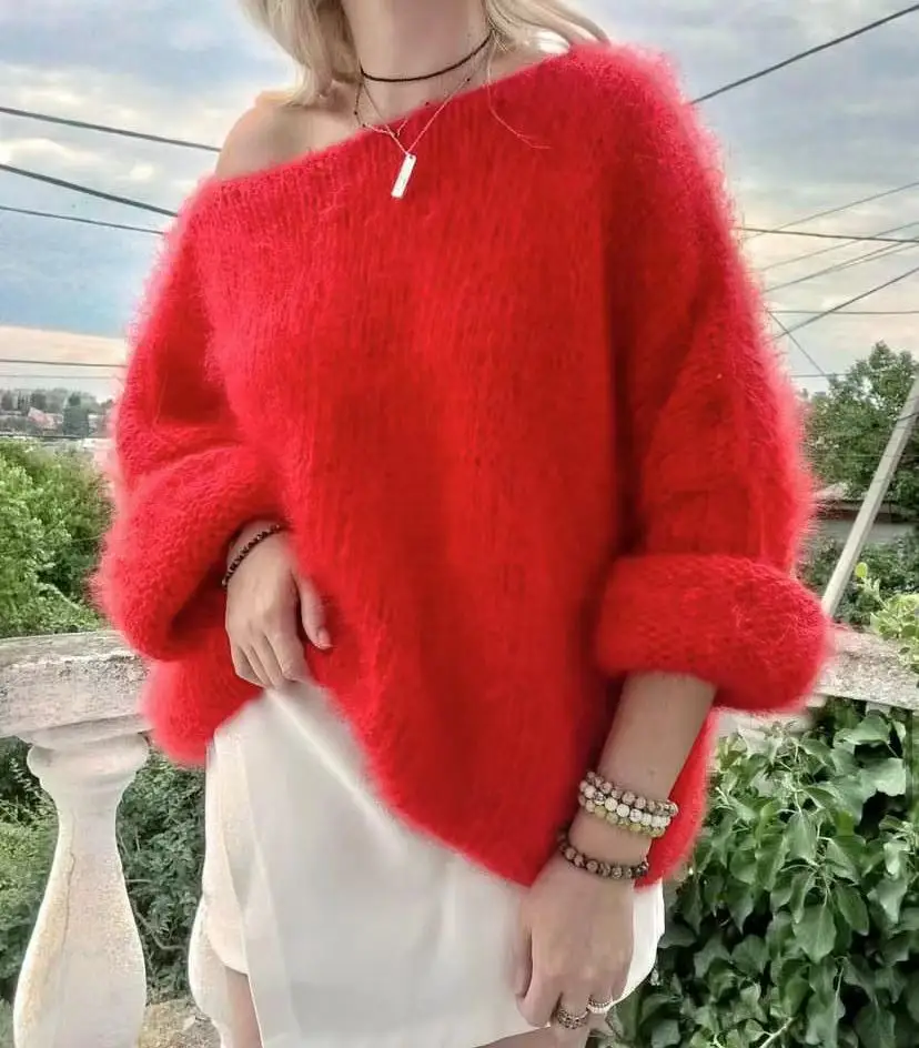 New handmade loose casual Chinese red one neck pullover sweater soft women\'s thick knitted wool single neck off shoulder mohair