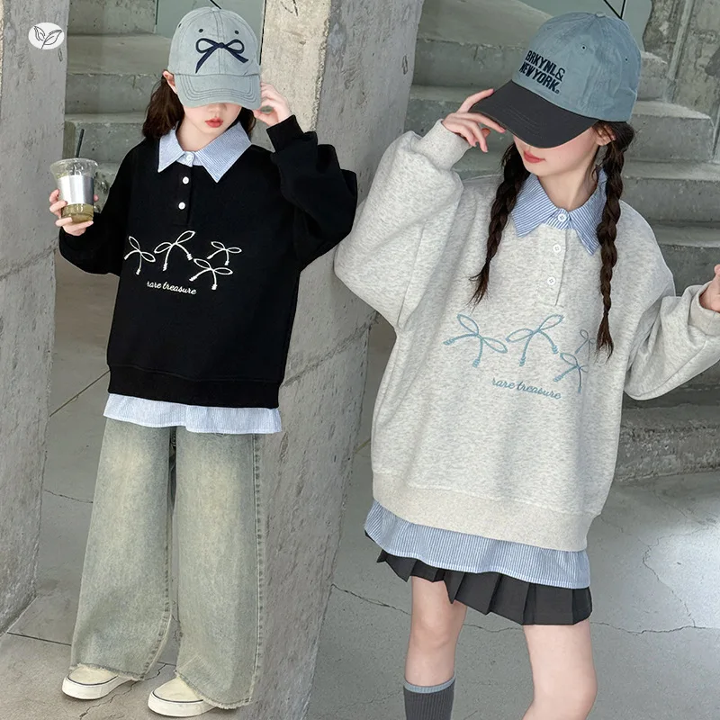 

Teenager Girls Sweatshirts Autumn Striated Lapel Patchwork Pullover Children Clothes Casual Kids Bow Fake Two Pieces Tops