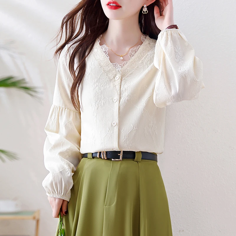 

2025 French Lace Stitching Women's Shirt V Neck Sweet Long Sleeve Apricot Blouse Autumn Loose Elegant Casual Tops Blusas Mujer