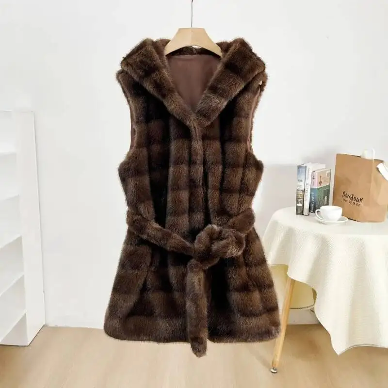 

Hooded Cafe Stripe Short Fur Vests With Belt Faux Mink Furry Jackets Fluffy Casual Plush Coats Thick Warm Outerwears Luxury