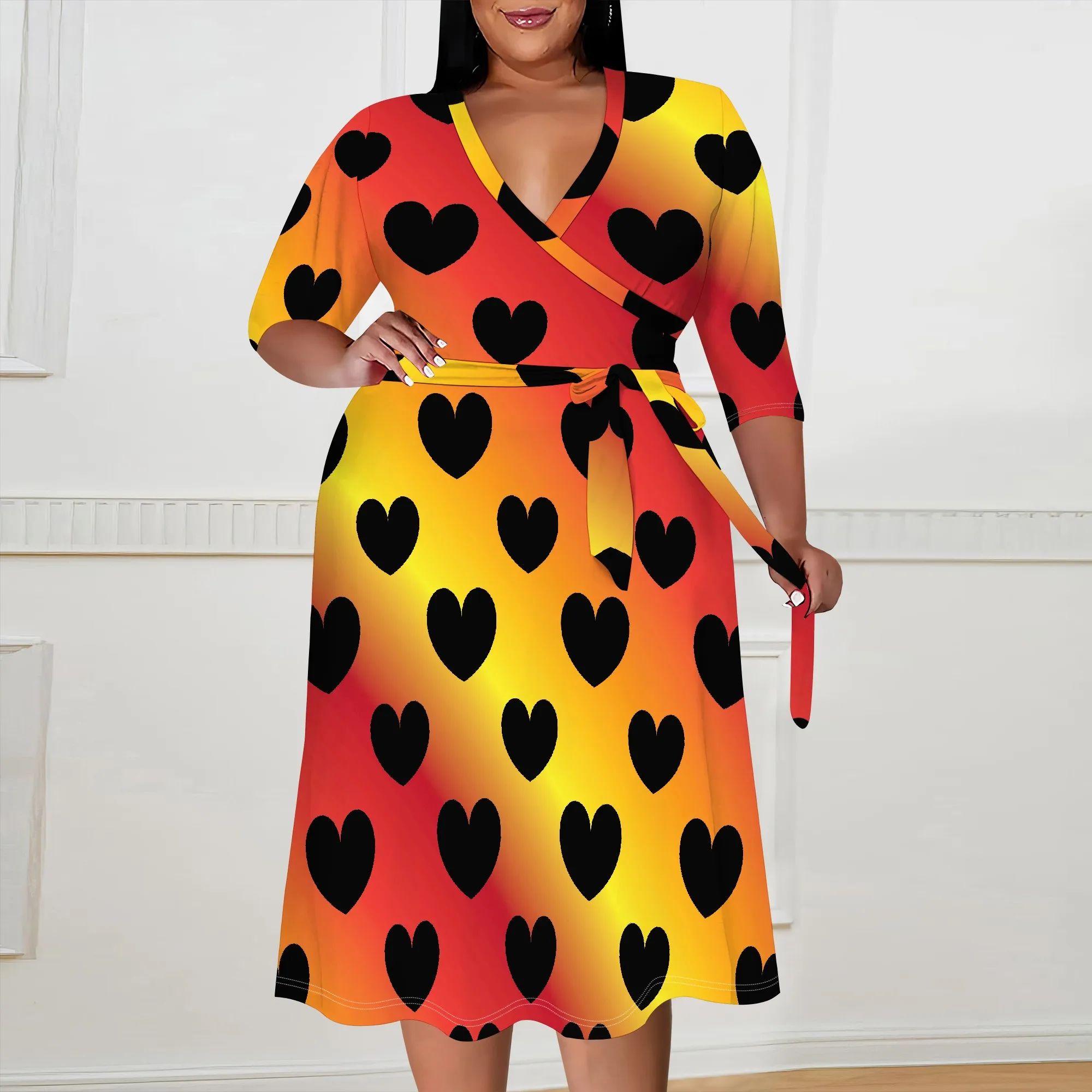 

Plus Size Women's Valentine's Day Dress XL-6XL V-Neck 3/4 Sleeve Heart Print Wrap Dress for Date Night & Party
