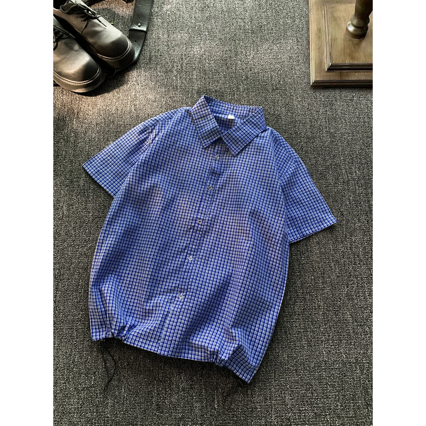 

Blue Plaid Cityboy Shirt Men's Short Sleeve Loose Boxy Style T-Shirt Jacket Drawstring Casual Summer Fashion Male Top