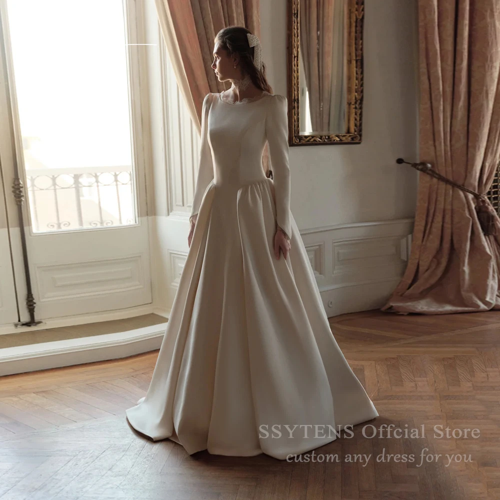 

SSYTENS White A Line Wedding Dresses Lace Satin Long Sleeves Vestidos De Novia Boda Backless Simple Civil Bridal Gown Customized