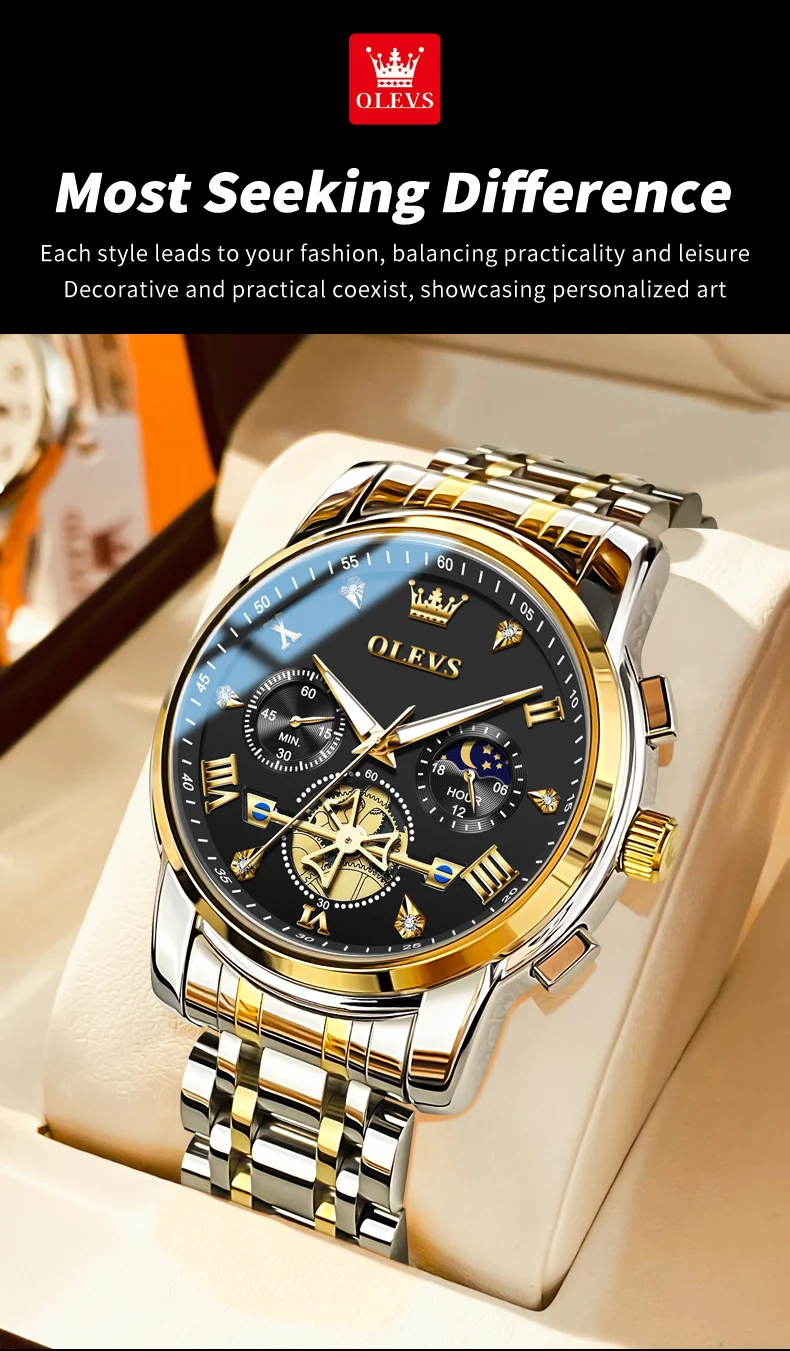 OLEVS 2856 Quartz Watch for Men Flywheel Skeleton Chronograph Moon Phase Multifunctional Stainless Steel Men's Wristwatches