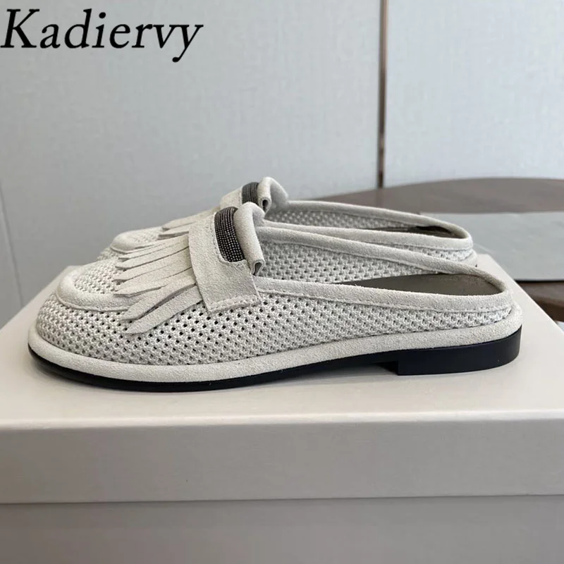 

New Flat Slippers Woman Chain String Bead Fringe Mules Shoes Women Round Toe Casual Suede Patchwork Hollow Outs Slides Women
