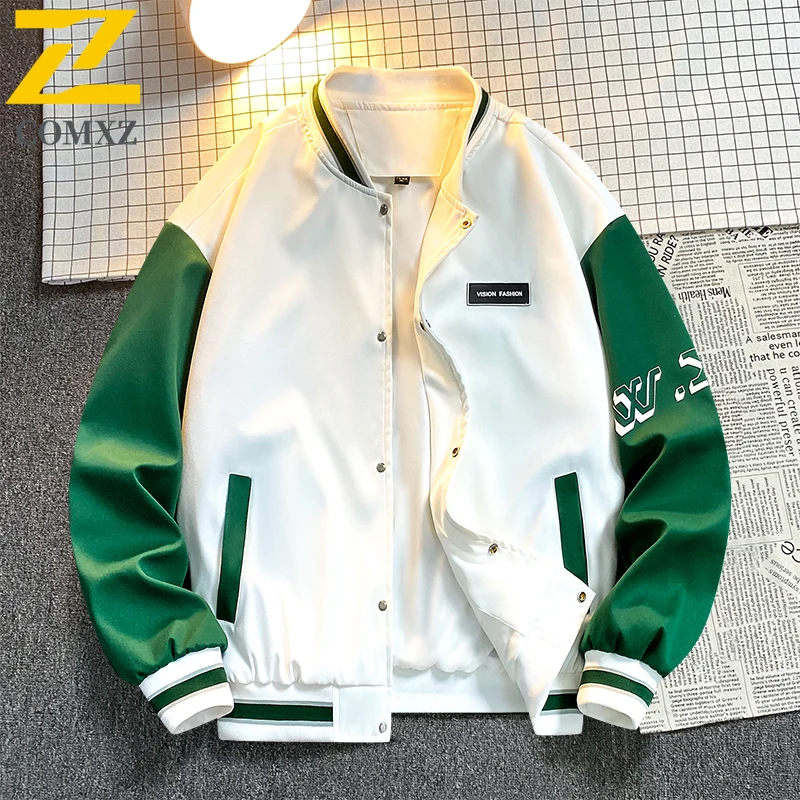 

Men Baseball Jacket 2025 Spring Trendy Color Block Loose Fit Casual Outerwear Outdoor Hiking Lightweight Preppy Windbreaker Coat