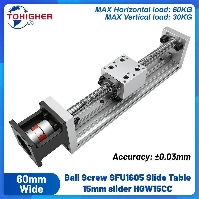 Upgraded 60KG Load Ball Screw Linear Single Rail Stage 60mm Wide 0.03mm Accuracy Narrow Sliding Table SFU1605 HGW15CC 15mm Rail