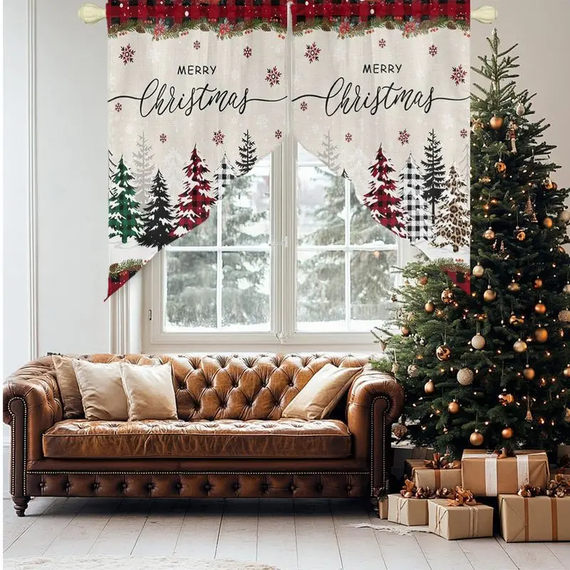 VIKAMA Christmas Swag Curtain Plaid Border Xmas Tree Snowflake Print Triangle Valance For Kitchen Window Living Room Decor