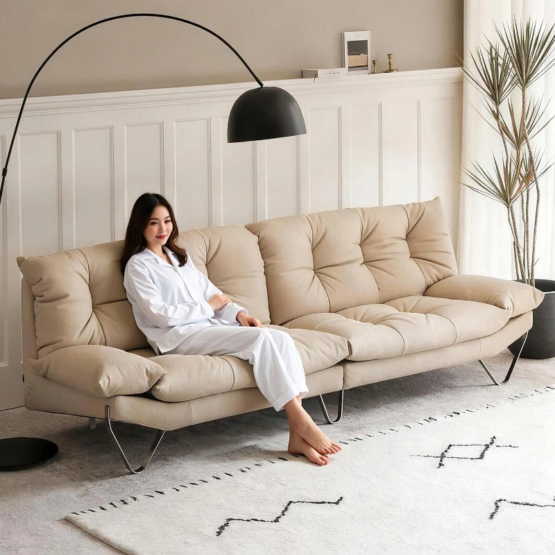 Medieval retro cream Bauhaus soufflé leather sofa suspended high backrest full green leather half green leather