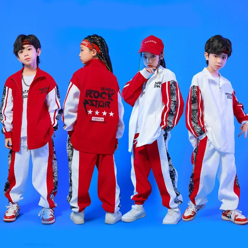 Kid Hip Hop Clothing Print Zip Up Bomber Jacket Top Casual Jogger Pants for Girl Boy Jazz Dance Costume Clothes Wear Outfits Set