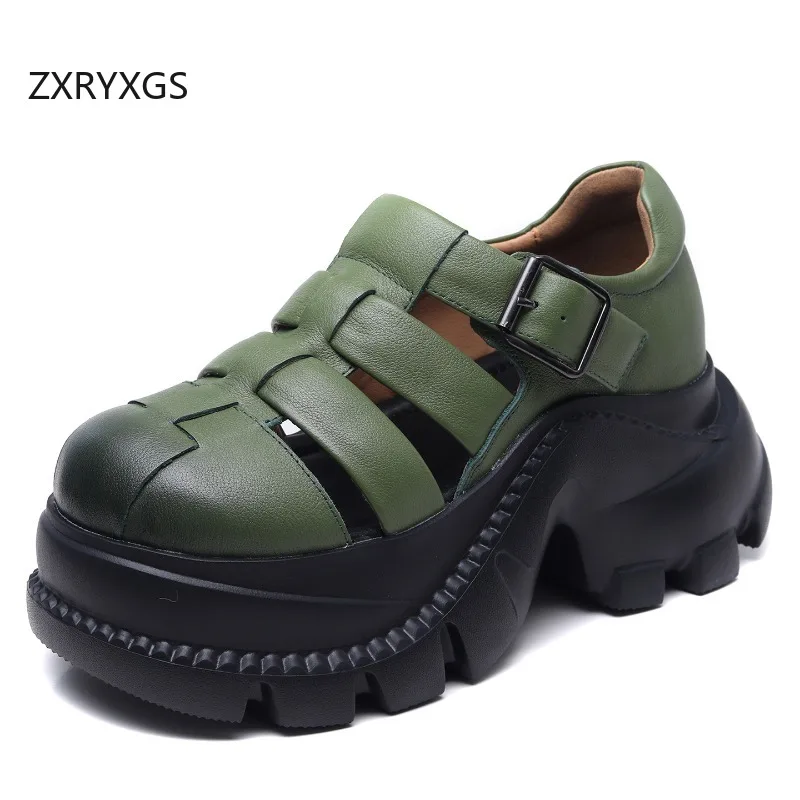 

ZXRYXGS классические сандалии премиум-класса в стиле ретро из коровьей кожи, сандалии на платформе, увеличивающие рост, новинка 2025, женские сандалии с круглым носком