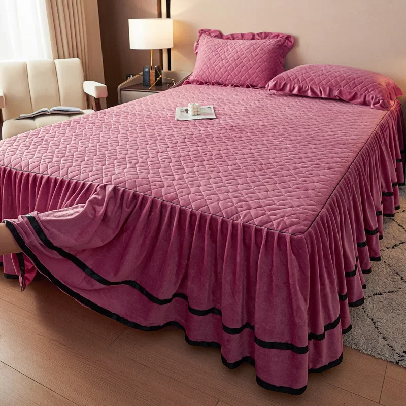 2024 new European padded milk fleece bed skirt single piece winter thickened mattress protective cover coral fleece bed skirt