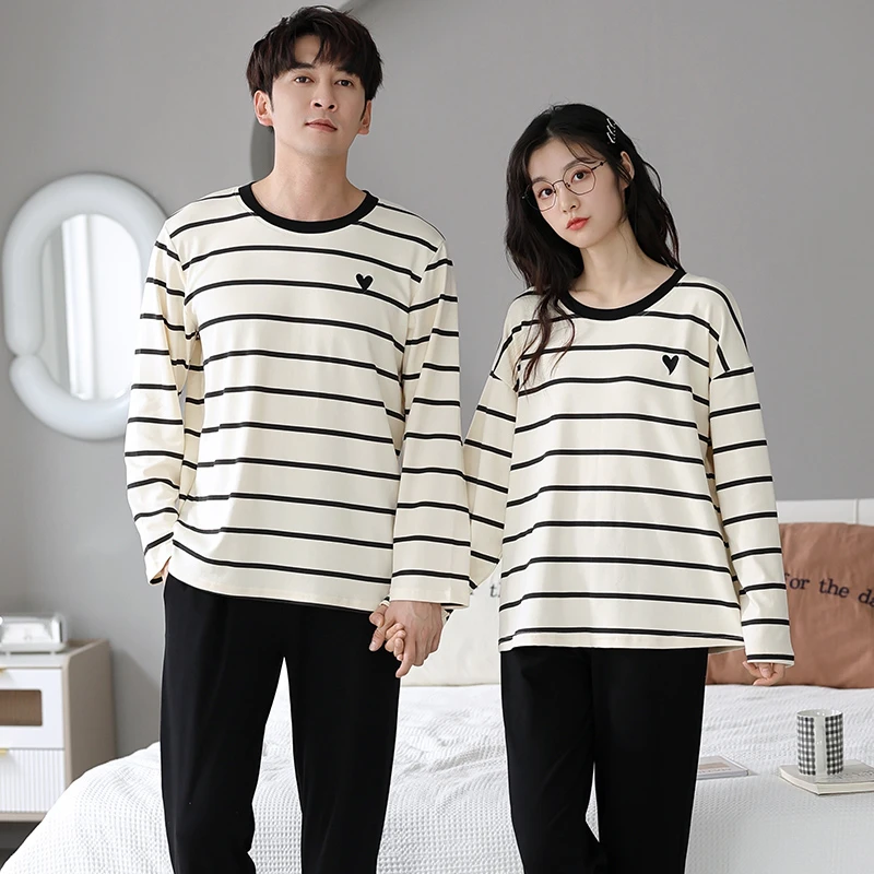 

2023 Autumn Couple Long Sleeve 100% Cotton Pajama Sets for Women Casual Striped Korean Loose Sleepwear Men Homewear Home Clothes