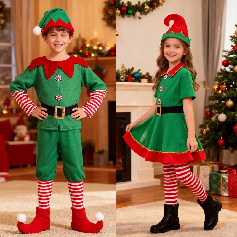 2026 Green Elf Girls christmas Costume Festival Santa Clause for Girls New Year chilren clothing Fancy Dress Xmas Party Dress