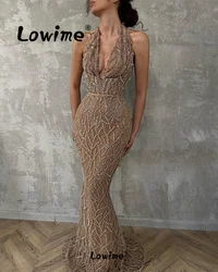 Brown Beaded Halter Party Dress Backless Mermaid Prom Dresses Long Robe De Soiree 2024 Evening Second Reception Birthday Dress