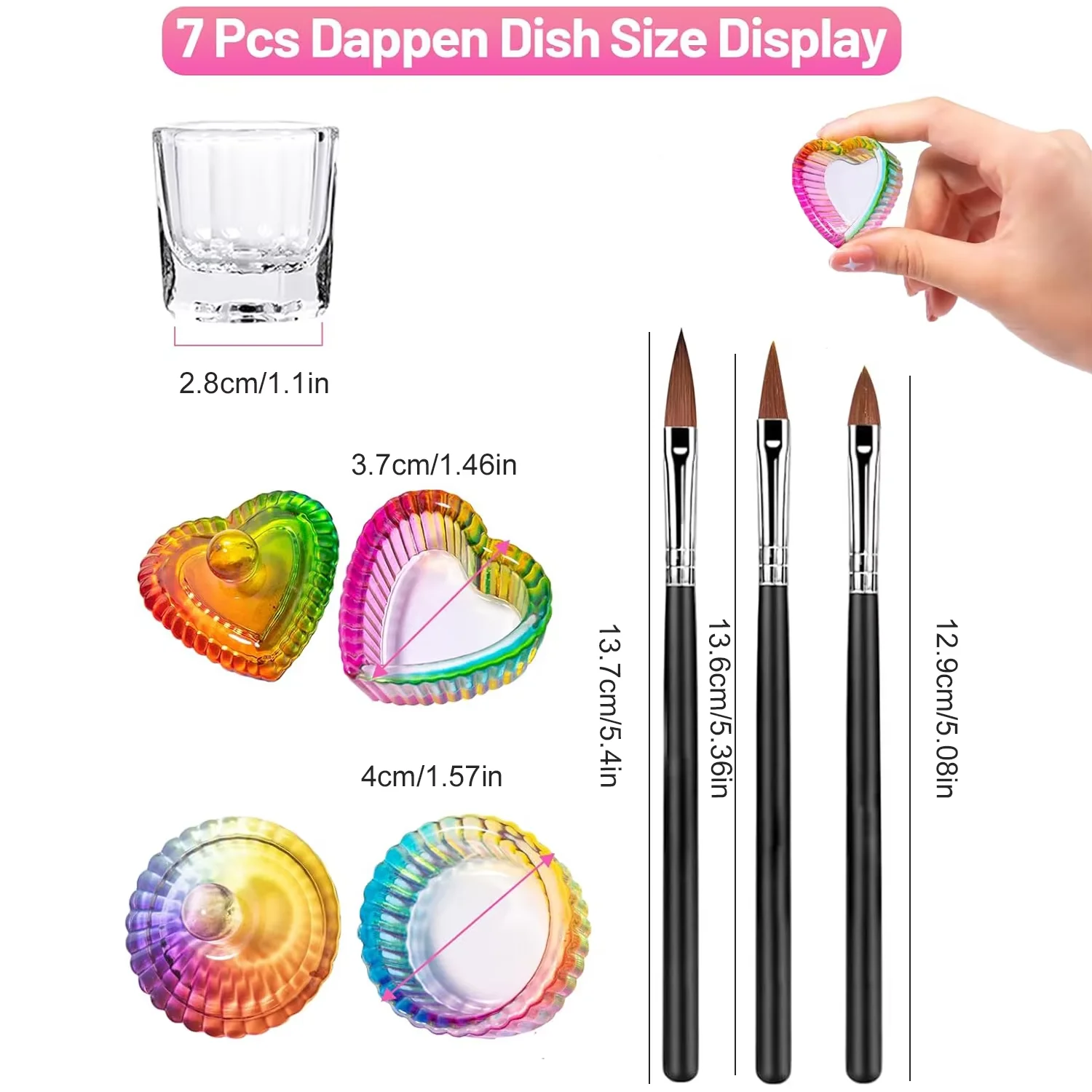 Set di tazze di cristallo colorate da 7 pezzi. Cristallo di vetro con coperchio, pennello per unghie per mescolare smalto acrilico e polvere