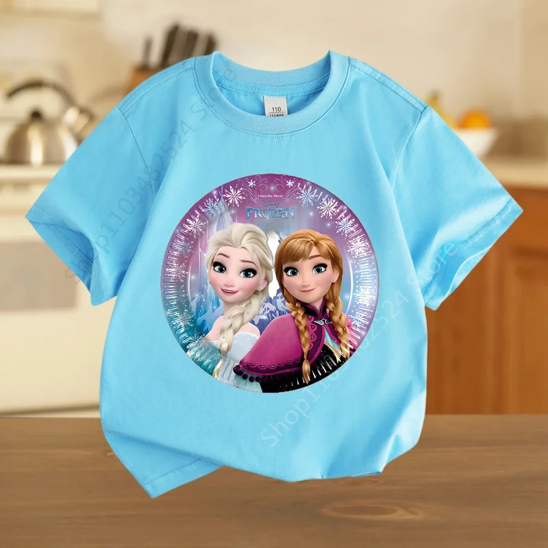 Kawaii Anna Elsa Frozen T Shirt Girl Tops Tees Kids Girls Clothes Disney T-shirts Children Short Sleeve Birthday Party Costume