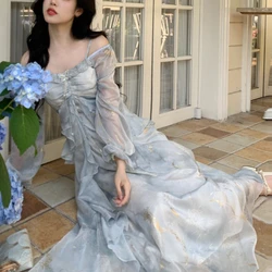 Autumn Blue Bow Fairy Midi Dress Women Print French Vintage Strap Dress Female Fishtail Fork Korea Elegant Princess Dress 2024