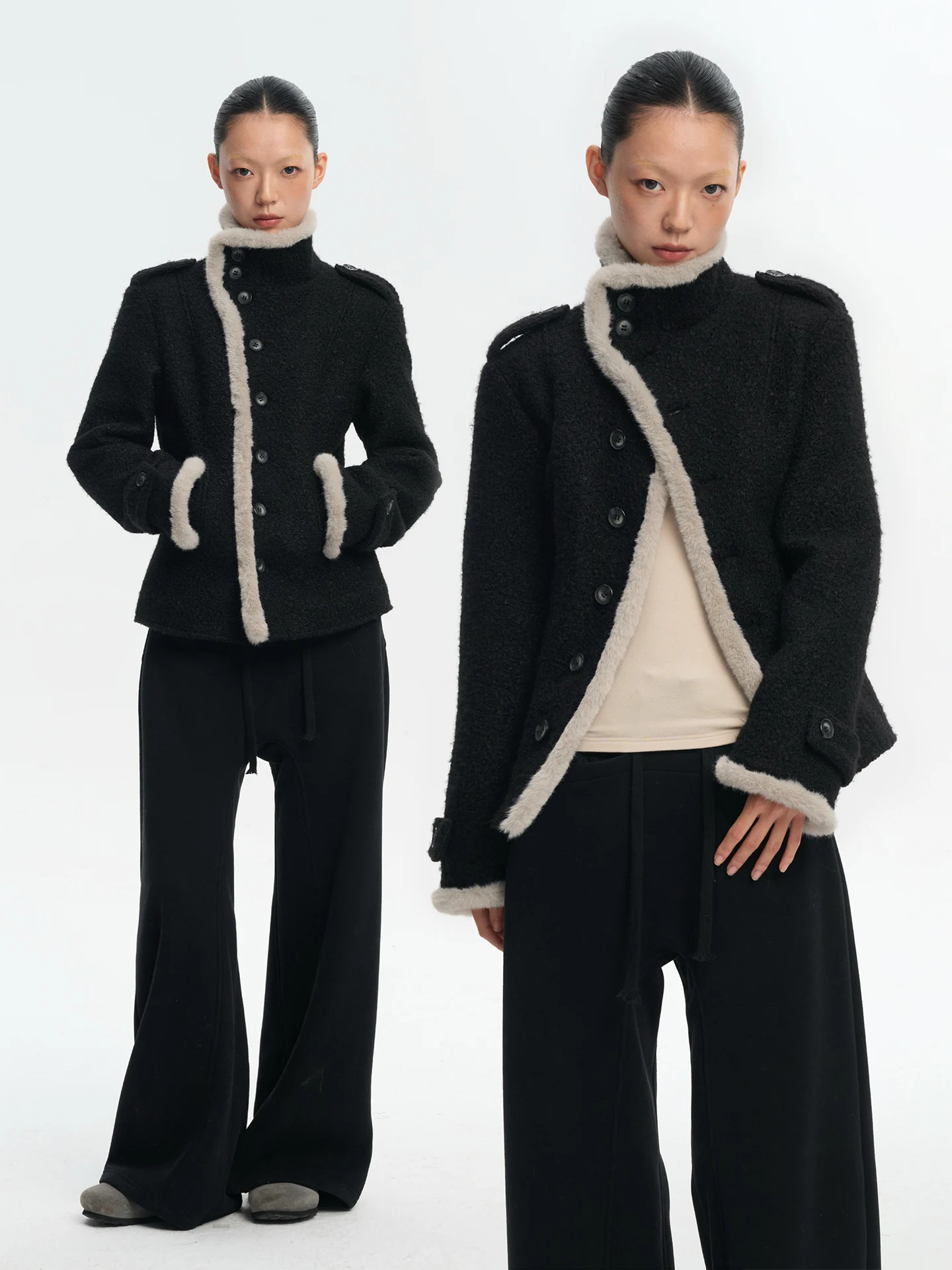 

Liny Liber Women's Thiened Winter Coat Stand Collar Patchwork Color Blo Woolen Jaet Retro Sle Long Sve Casual Top