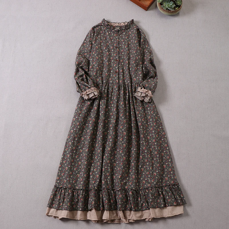 Spring Autumn Japanese Style Sweet Mori Girl Floral Print Dress Women Vintage Ruffled Hem Long Sleeve Midi Dress