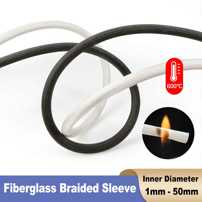 2-20m High Temperature Resistant Cable Sleeve 600 Deg.C Fiberglass Braided Insulation Tube Car Wire Protective Wrap Black White