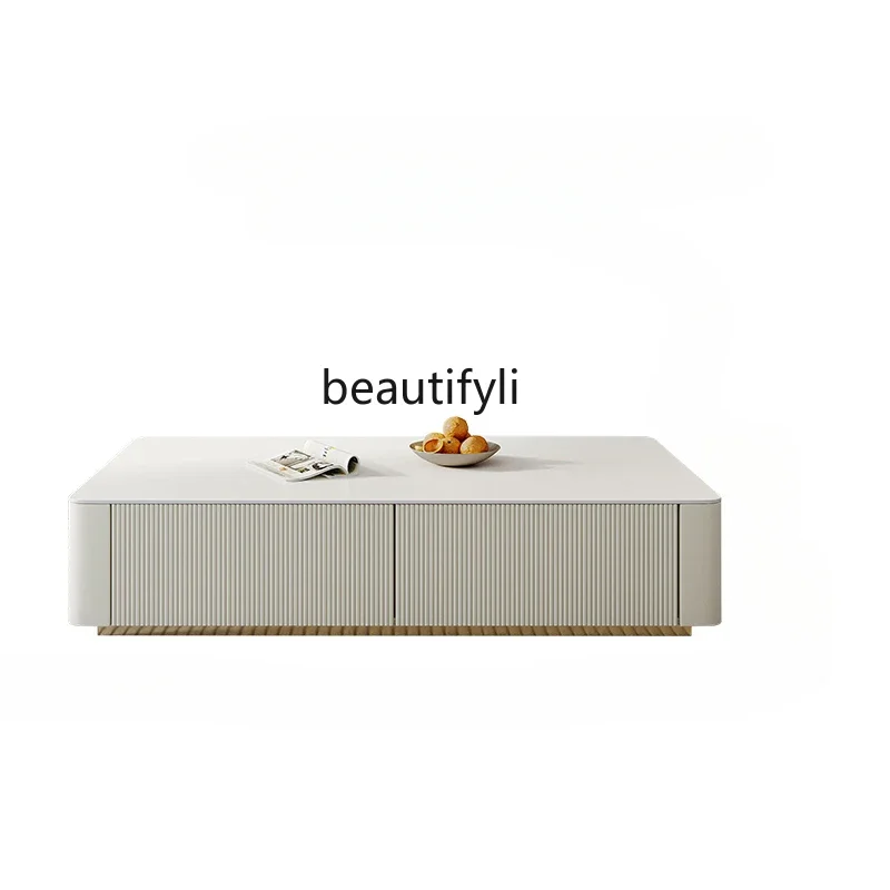 

S Modern Simple and Light Luxury Stone Plate TV Cabinet Super Long Floor Cabinet Coffee Table Cream Style Home Living Room