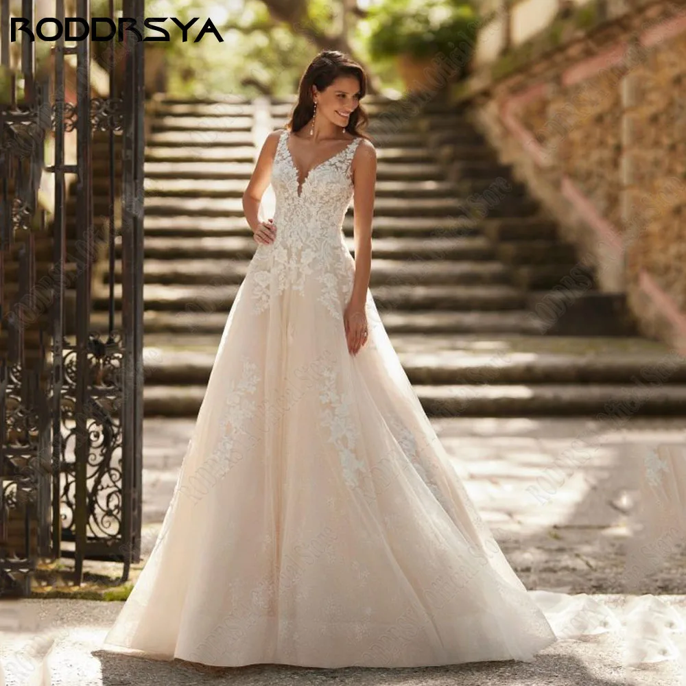 RODDRSYA Elegant Sleeveless Backless Wedding Dress For 2024 Bride Applique A-Line Bridal Gowns Tulle V-Neck Vestido De Novia