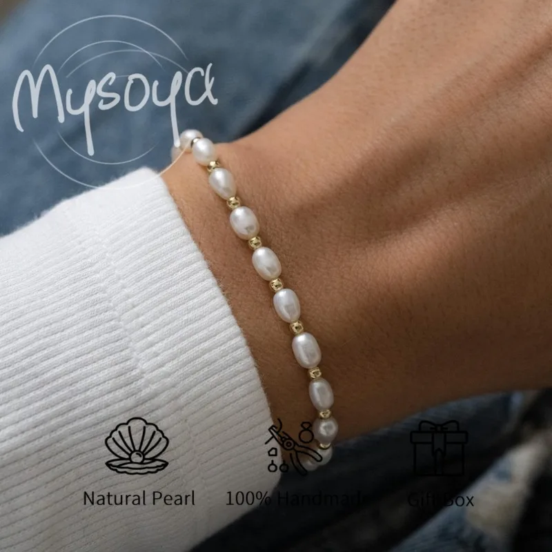 

MYSOYA White Rice-shaped Freshwater Pearl Bracelet 4-5mm With Gift Box For Her/Him Birthday/Wedding/Christmas/New Year Gift