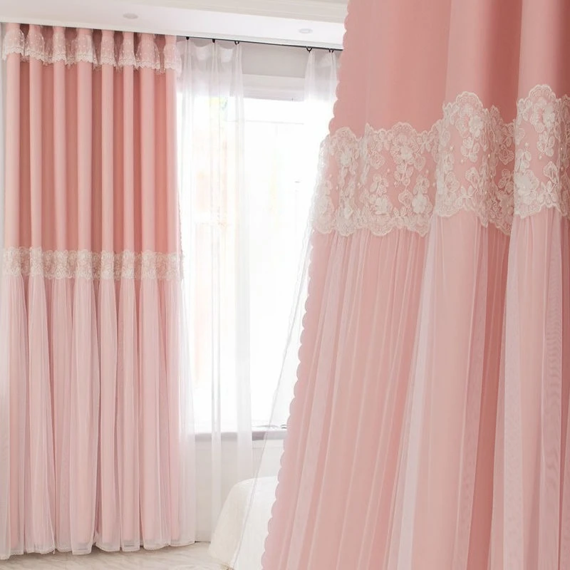 Korean Style Double Layered Curtain Princess Lace Embroidered Sheer Curtain Plus Cloth Curtain for Living Room Bedroom