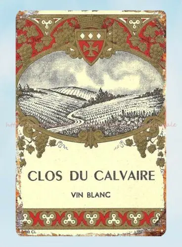 Dekor Kunst Clos du Calvaire Vin Blanc Weißwein 1940s Label Metall Zinn Zeichen