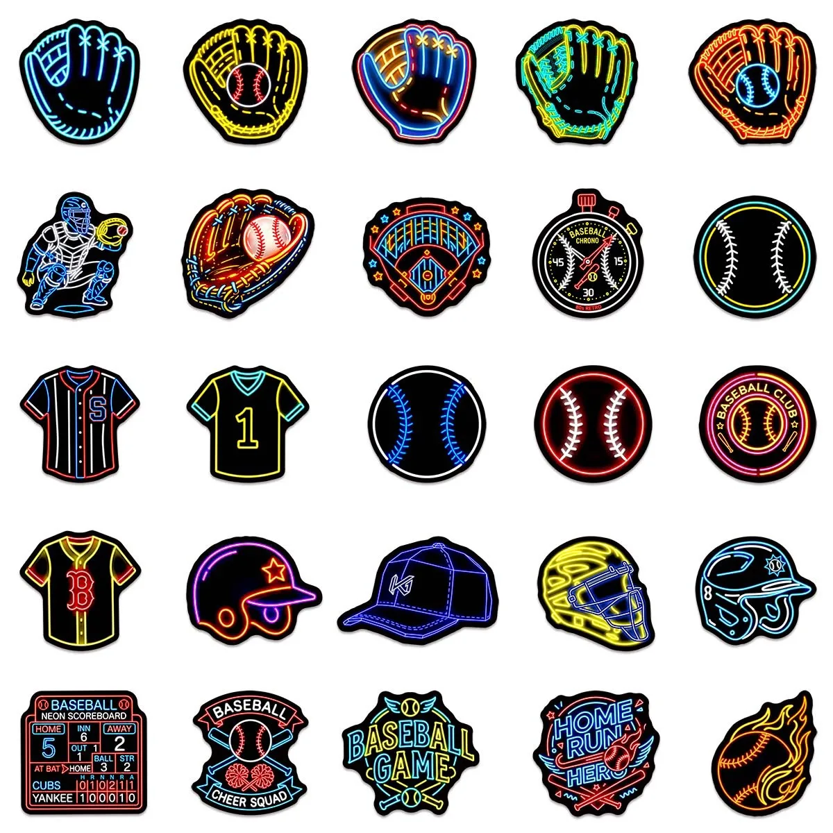 50/100PCS Cartoon Neon Baseball Stickers Decorative Helmets Baseball Cups Audio Guitar Stickers