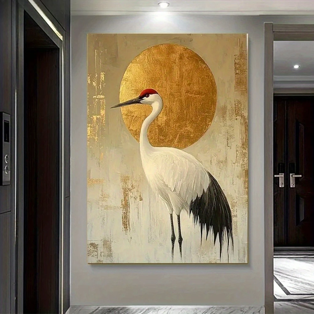 Elegant Red Crowned Crane Poster Prints Animal Art Canvas Painting Golden Sun Wall Art Picture for Living Room Home Decor Gif