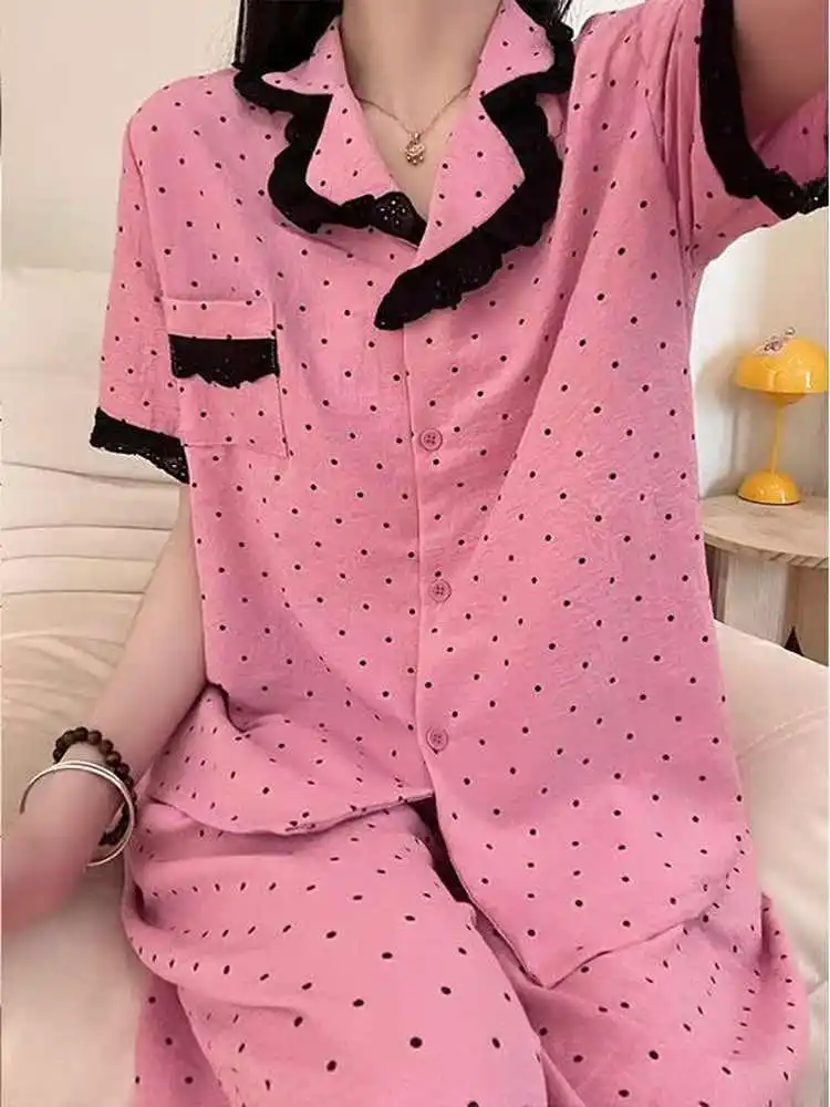 

Розовый комплект с цветочным принтом и горошком: женский летний кардиган, длинные брюки, домашняя одежда, удобная верхняя одежда Cloud Co...