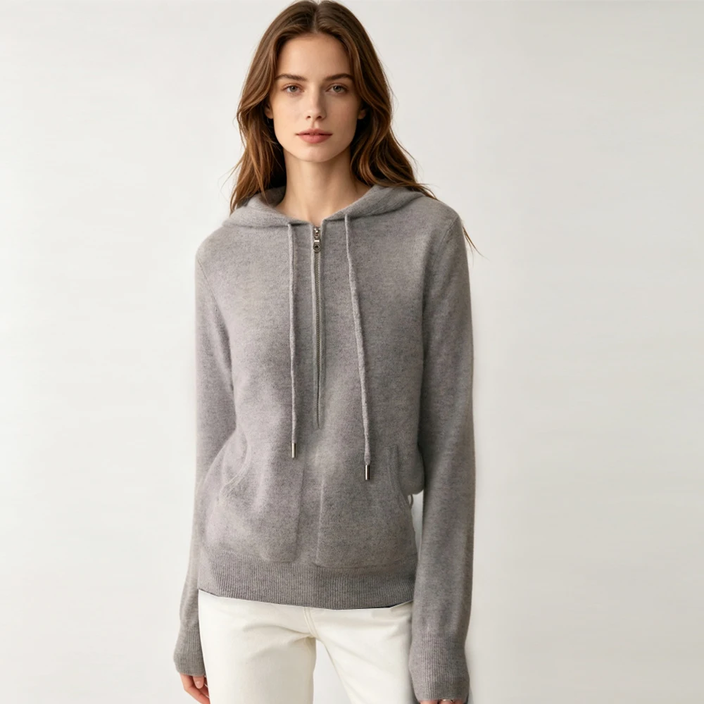 Women's Fashion Autumn/Winter New Light Luxury Hooded Half Zipper Pure 35% Cashmere 65% Wool Blended Versatile Knitted Sweater