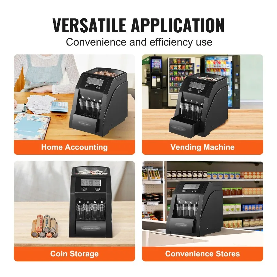 USD Coin Sorter, Coin Counter Machine for 4 Kinds of USD Coins, Coin Sorter and Wrapper Machine Holds up to 200 Coins, LCD Scre