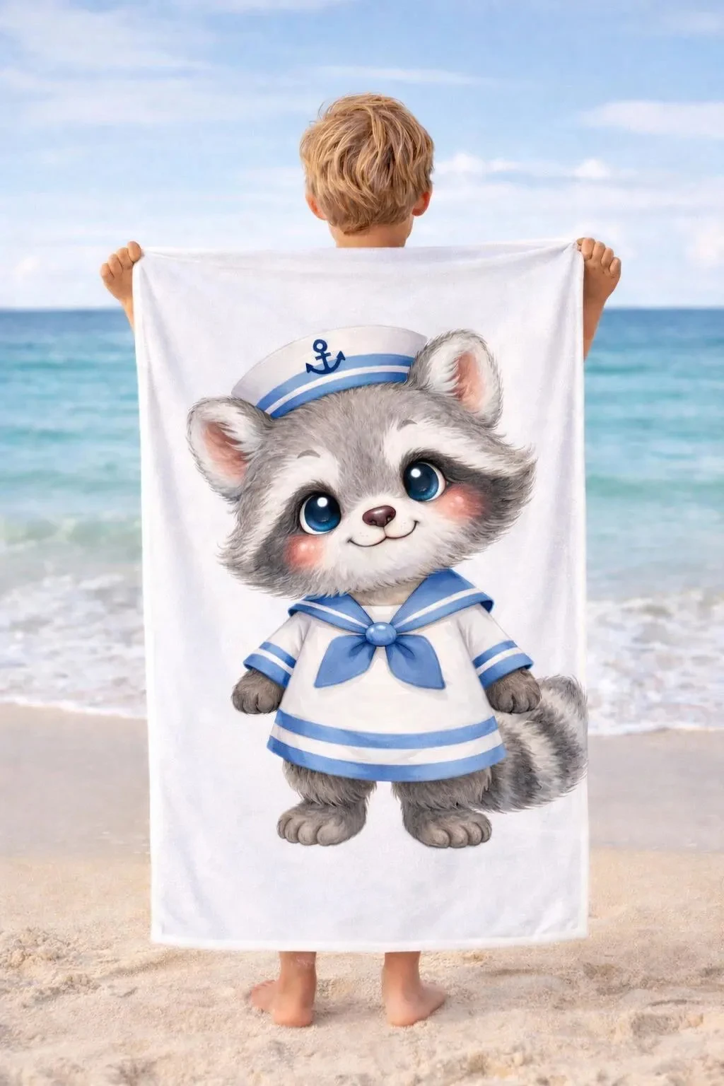 Kids Beach Towel with Cartoon Raccoon – Nautical Sailor Animal Design, Cute Ocean Theme Bath Towel & Beach Towel for Children
