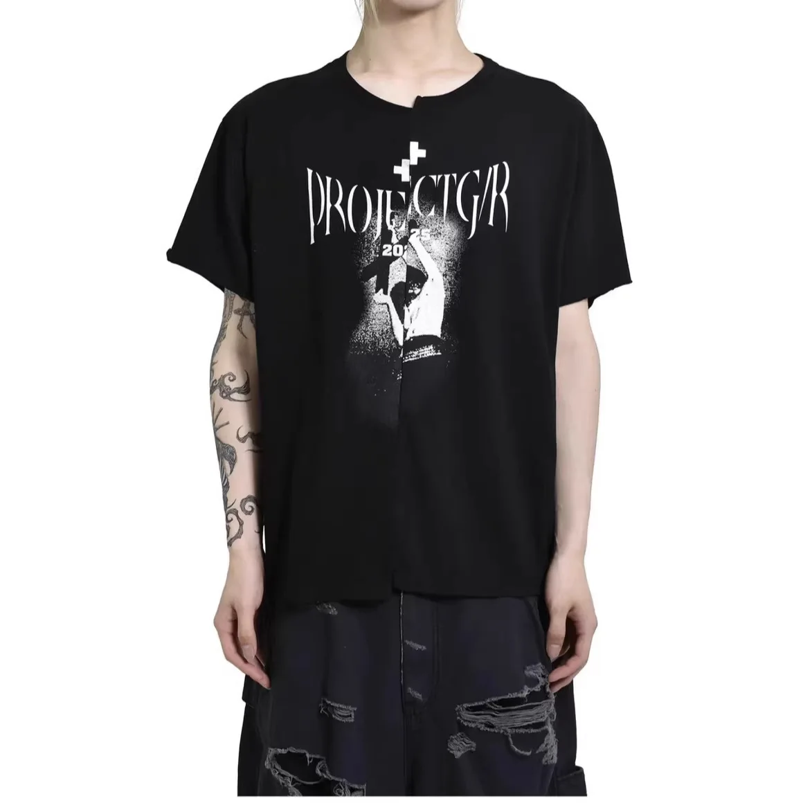 Project G/R High-Quality Seamless Displacement Design Double-Tailed Bird Letterprint Round-neck Short-sleeve Grailz
