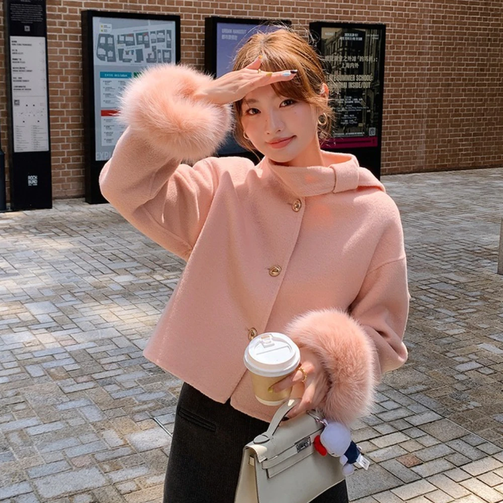 Wool Blend Coat 2025 Autumn Winter Fashion Real Fur Coat Natural Fox Fur Jacket Cuff Ladies Outwear Female Cashmere Woolen Women
