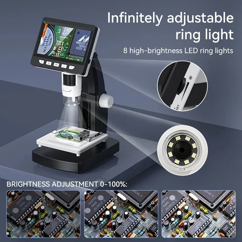 Microscope numérique LCD 1000x4.3 pouces, 1080P, 8 lumières LED, loupe USB, réparation de soudure, Microscope vidéo pour pièce de monnaie