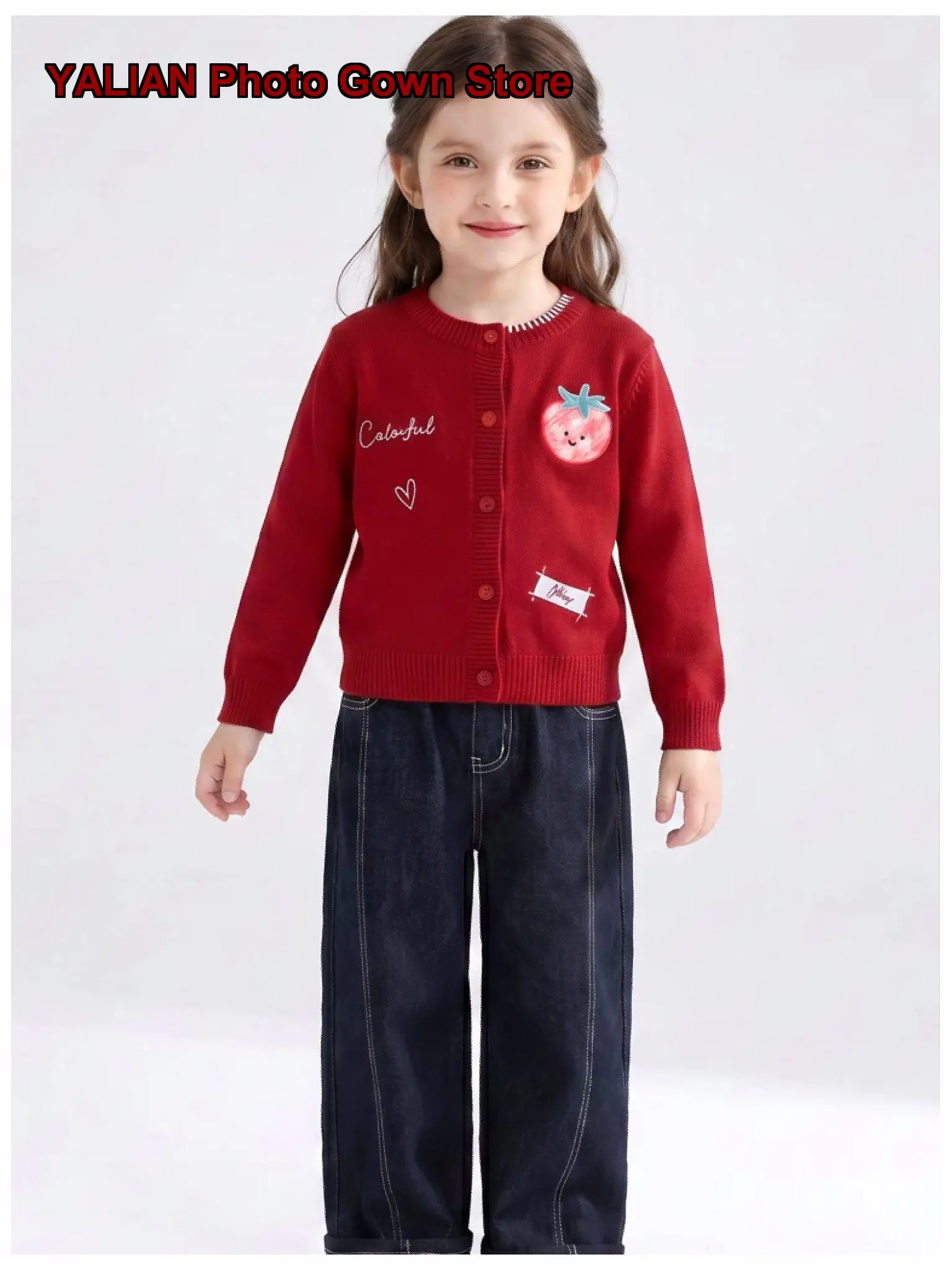 Girls Knit Cardigan Kids Autumn Winter Strawberry Print Open-Front Jacket Off Shoulder Top for Christmas